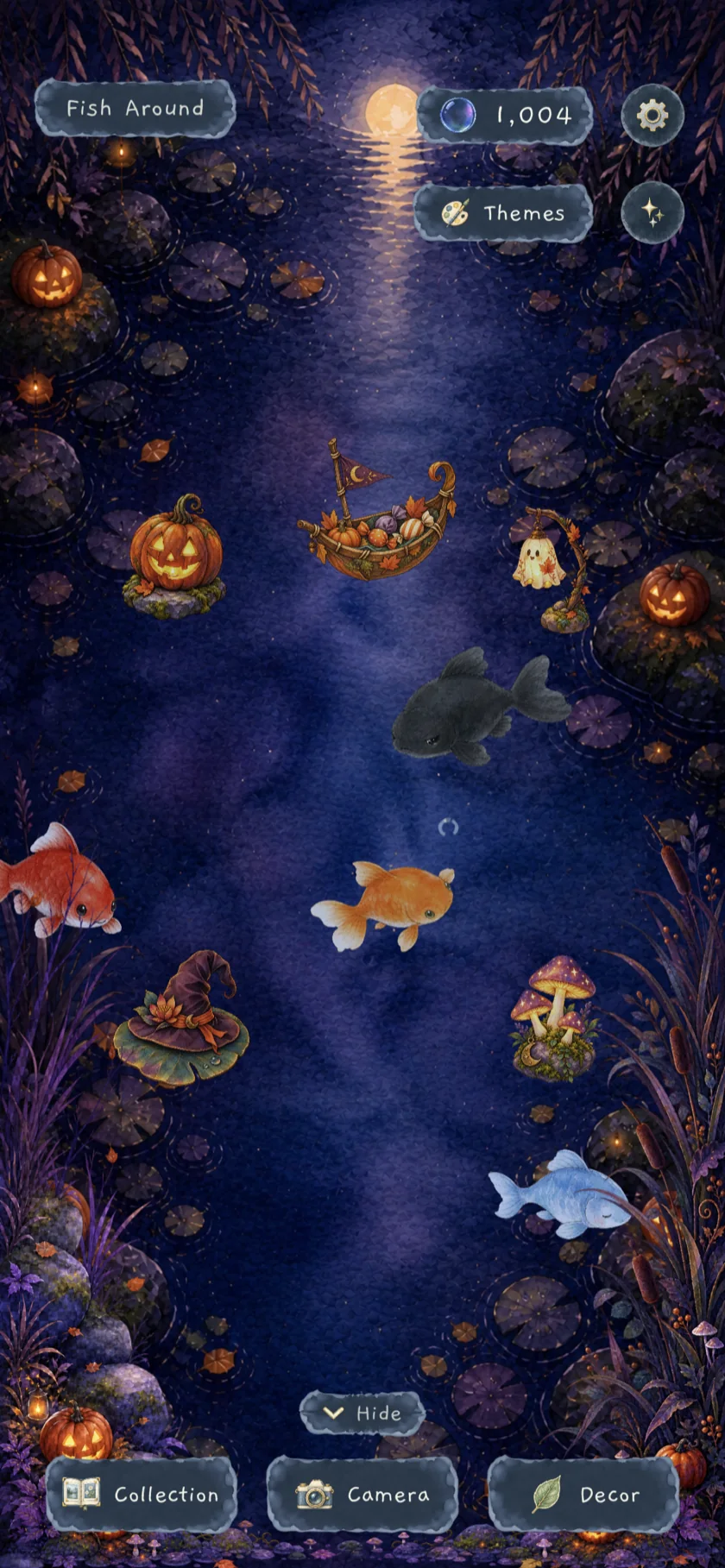 Halloween Night pond with glowing seasonal decorations